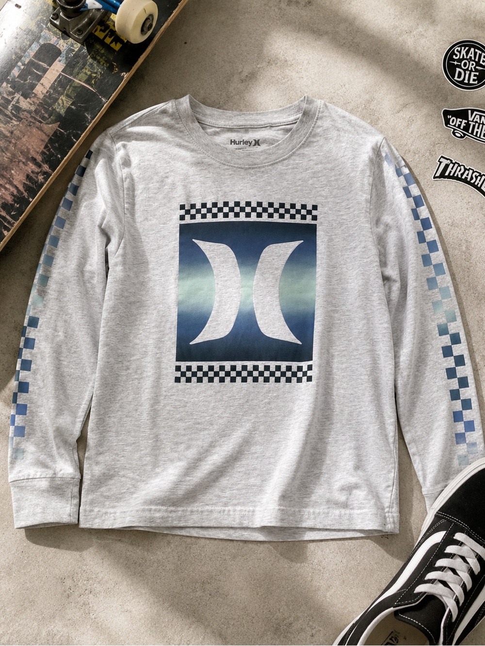 Hurley Light Gray Long Sleeve Tee with Blue Gradient Logo